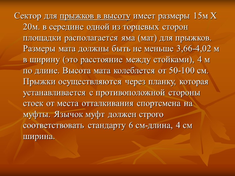 Сектор для прыжков в высоту имеет размеры 15м Х 20м. в середине одной из